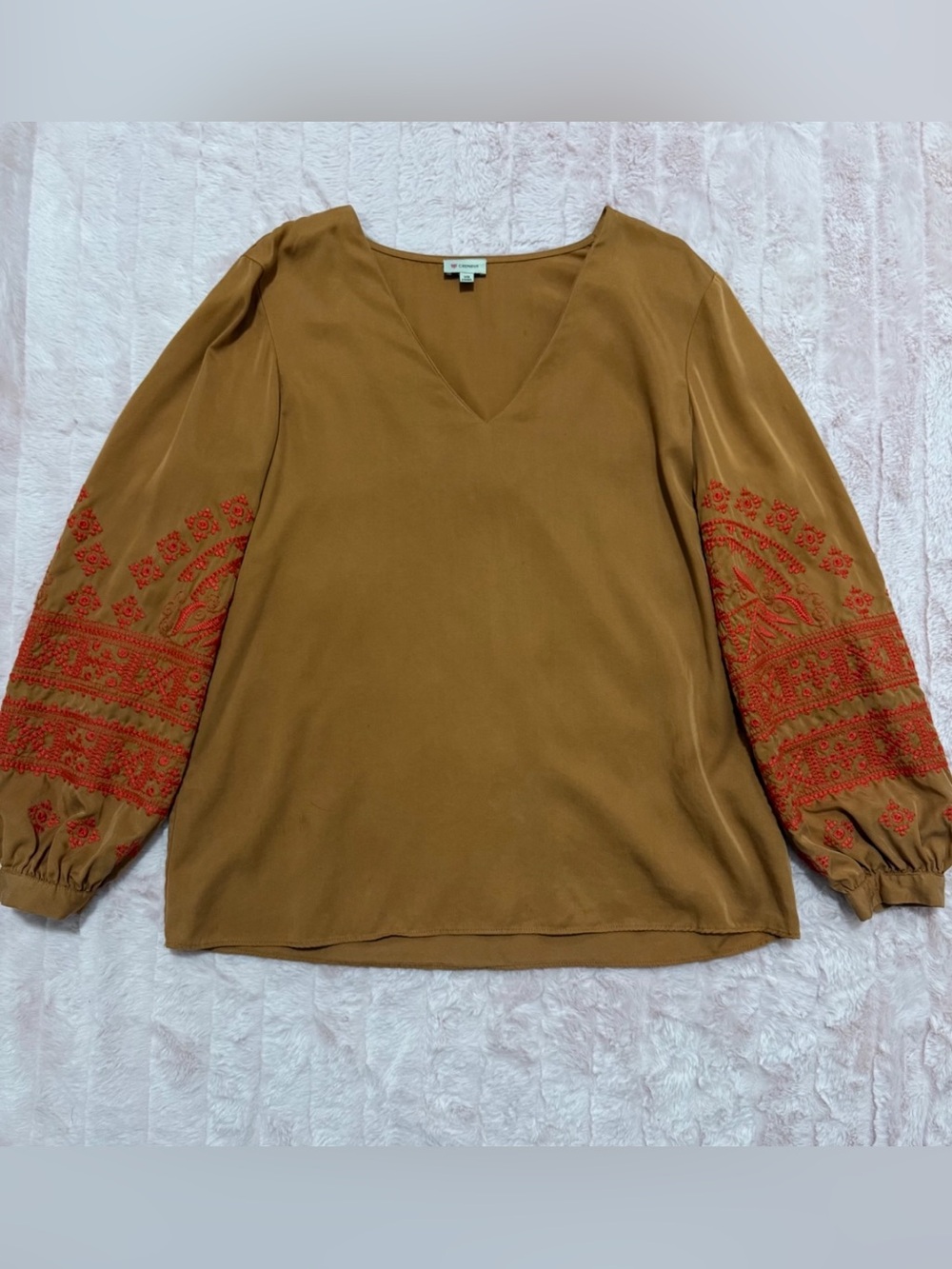 Cremieux - Boho Butterscotch Blouse Orange Embroidered Puff Sleeves - Size XS